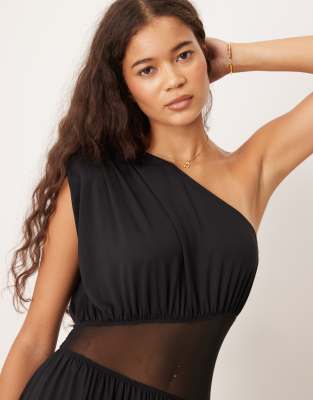 Asos Design One Shoulder Mesh Paneled Maxi Dress In Black