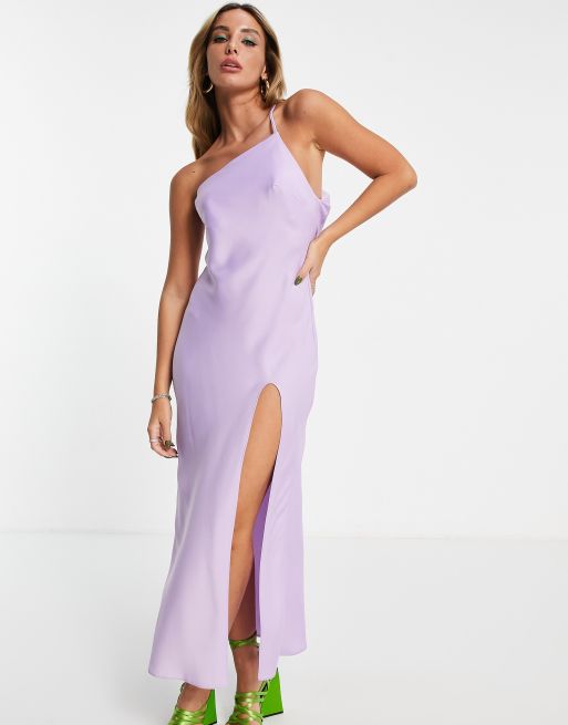 ASOS DESIGN one shoulder midaxi dress in satin with drape back in lilac