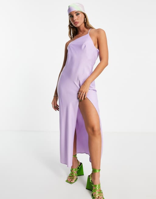 ASOS DESIGN halter satin midi dress with side slit and lace up back in  purple