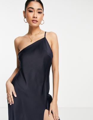 ASOS DESIGN one shoulder midaxi dress in satin with drape back in navy