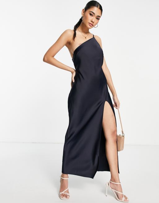 ASOS DESIGN one-shoulder satin midaxi dress with contrast lace inserts in  chocolate