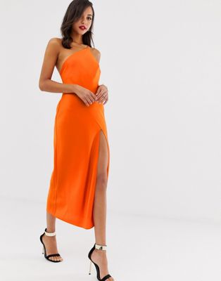 ASOS DESIGN one shoulder midaxi dress in satin with drape back-Red