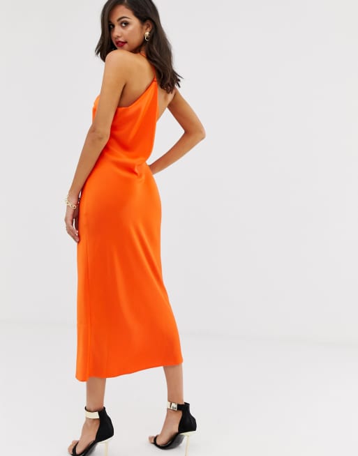 Asos design one shoulder midaxi outlet dress in satin with drape back