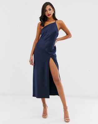 ASOS DESIGN one shoulder midaxi dress in satin with drape back-Navy