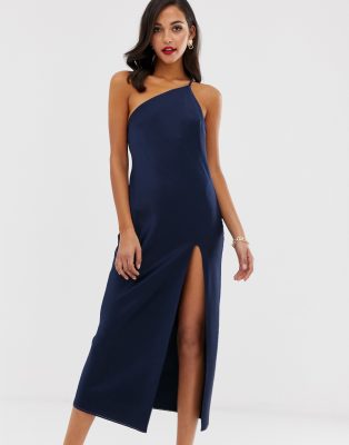 Asos Design One Shoulder Midaxi Dress In Satin With Drape Back Asos