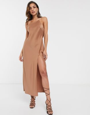 ASOS DESIGN one shoulder midaxi dress in satin with drape back-Beige