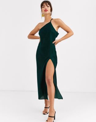 one shoulder green velvet dress