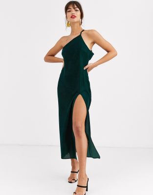 ASOS DESIGN one shoulder midaxi dress in velvet with drape back-Green