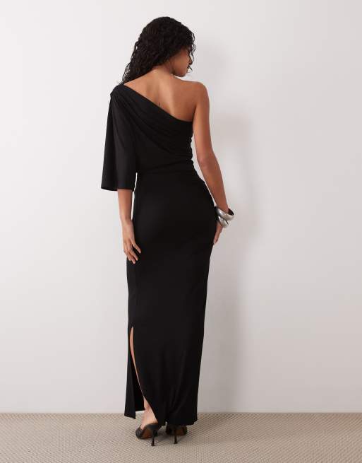 ASOS DESIGN one shoulder midi dress in black, 3 of 4