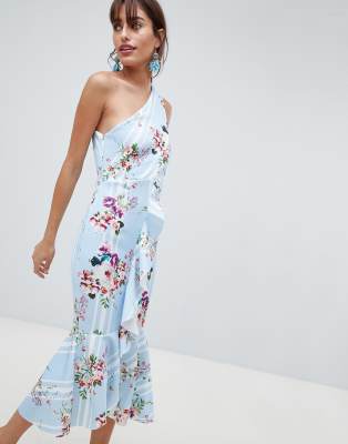 one shoulder floral midi dress