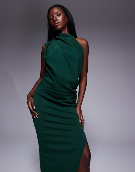 ASOS DESIGN one-shoulder midi dress in dark green in scuba-style fabric, 3 of 4