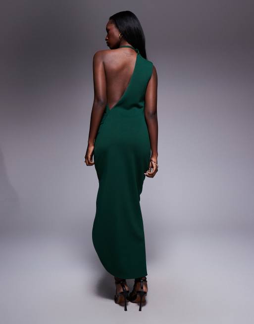 ASOS DESIGN one-shoulder midi dress in dark green in scuba-style fabric, 4 of 4