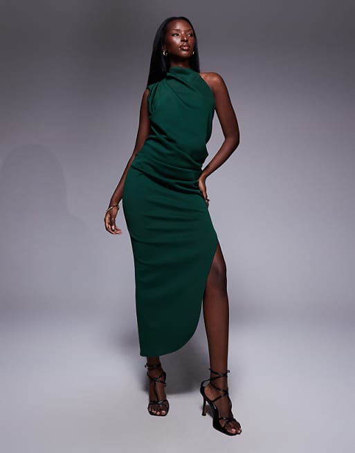 dark green dress midi | Mid-calf Dress With Belt & Pockets | Wedding Guest Dress | Elegant Casual Dress | Party Dress The around the waist tie creates a beautiful bow detail in the back Dark Green Velvet Off Shoulder