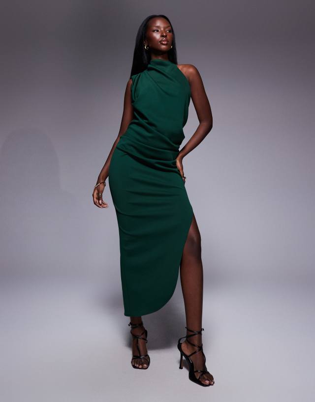 ASOS DESIGN one shoulder midi dress in dark green scuba-style fabric