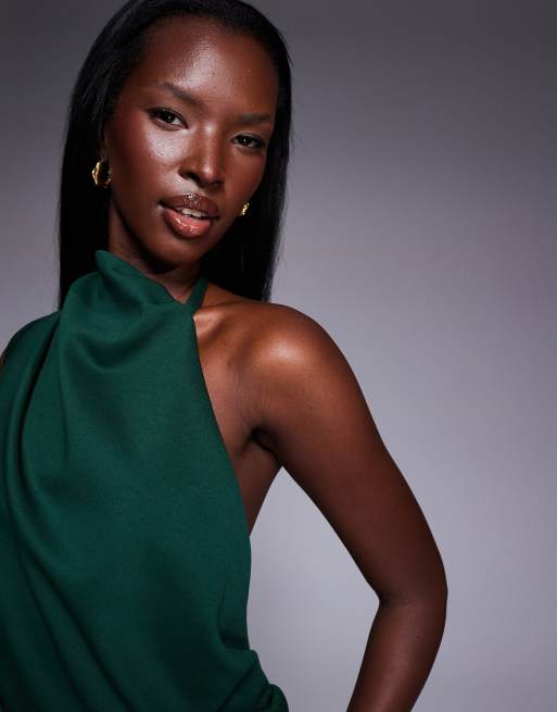 ASOS DESIGN one shoulder midi dress in dark green scuba-style fabric