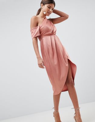 one shoulder satin midi dress