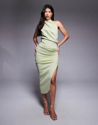 ASOS DESIGN one shoulder midi dress in sage in scuba-style fabric-Green