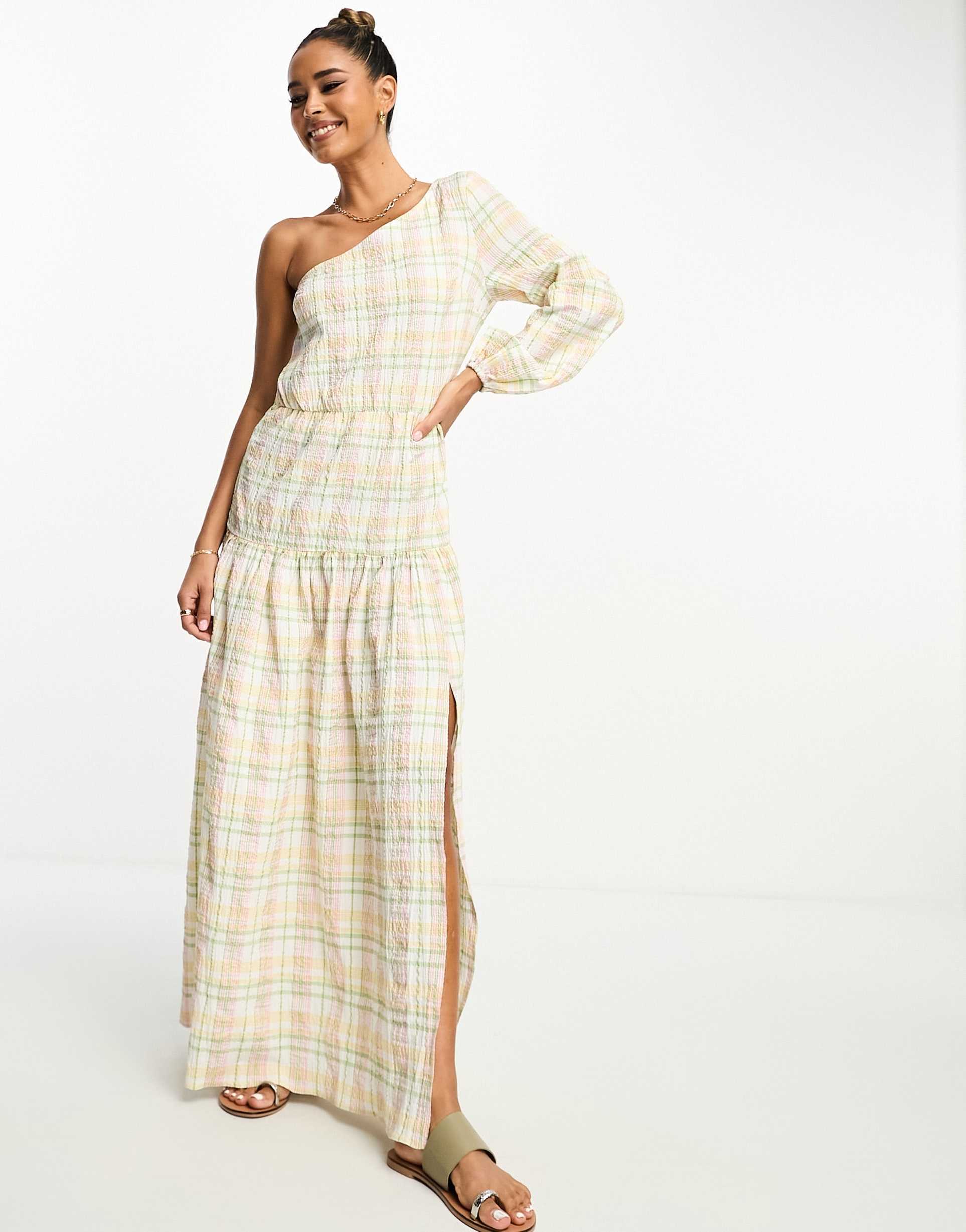 asos design one shoulder midi dress in summer plaid