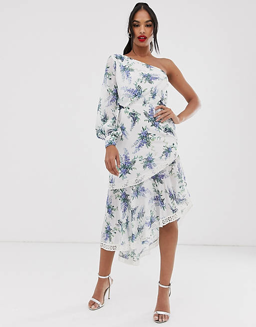 ASOS DESIGN one shoulder midi dress in trailing floral print and lace inserts