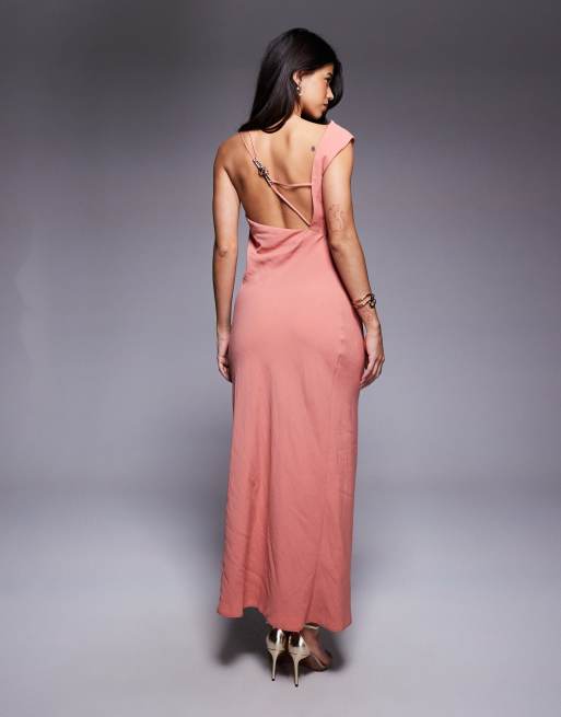 ASOS DESIGN one shoulder midi dress with back trim detail in pink