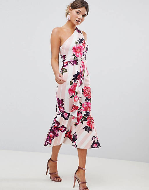 ASOS DESIGN one shoulder midi dress with floral and stripe print