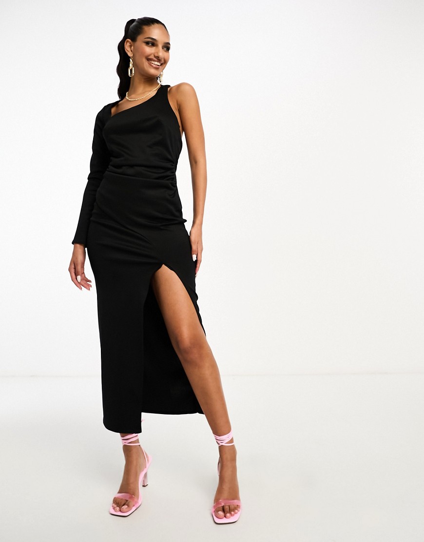 ASOS DESIGN one shoulder midi dress with front split in black