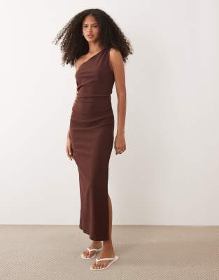 ASOS DESIGN one shoulder midi dress with gathering in chocolate