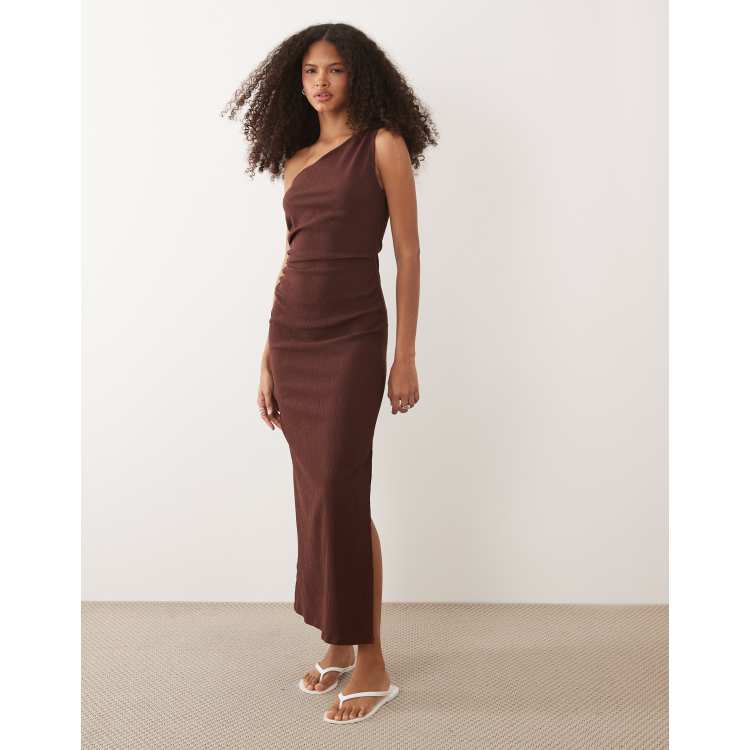 ASOS DESIGN one shoulder midi dress with gathering in chocolate | ASOS
