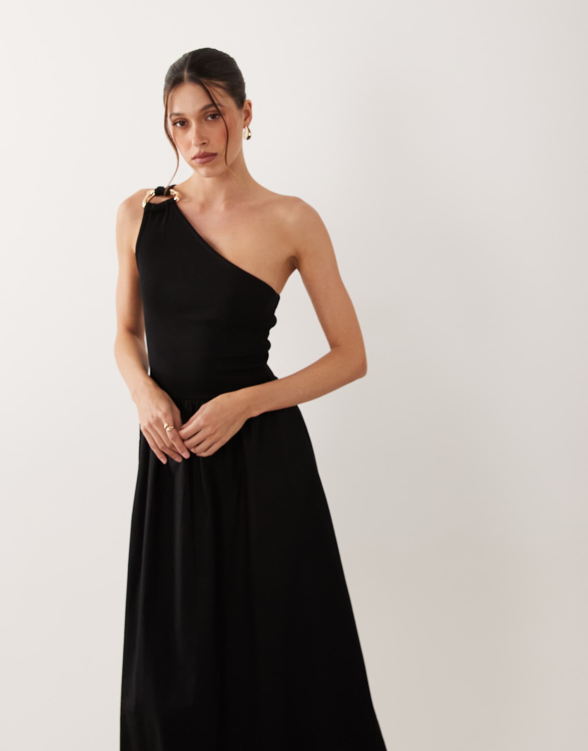 asos design one-shoulder midi dress with hardware trim in black