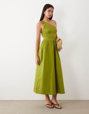 ASOS DESIGN one shoulder midi dress with hardware trim in olive green-Black