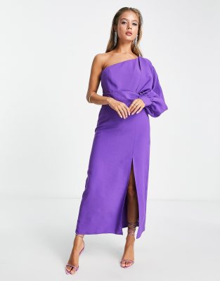 ASOS DESIGN one shoulder midi dress with tie detail in purple - ASOS Price Checker