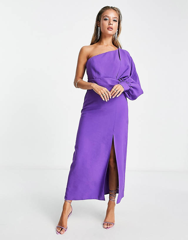ASOS DESIGN one shoulder midi dress with tie detail in purple