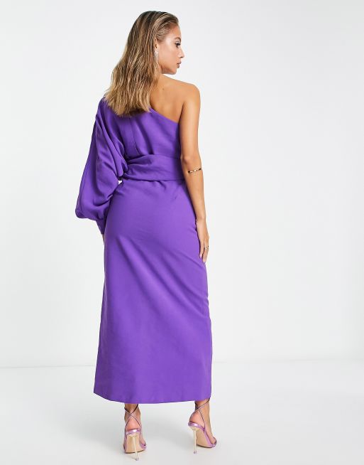 silk midi dress sleeves Mauve Square Neck Puff Sleeve Satin Midi Dress