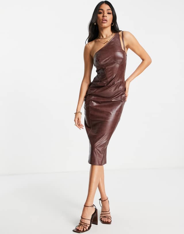 ASOS DESIGN one shoulder midi pencil dress in textured brown croc