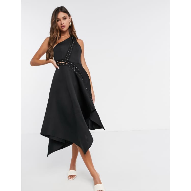 ASOS DESIGN one shoulder midi prom dress with asymmetric hem and lace up  eyelet detail in black | ASOS