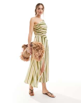 Asos Design One Shoulder Midi Sundress With Ruched Bodice & Full Skirt In Green Stripe-Multi