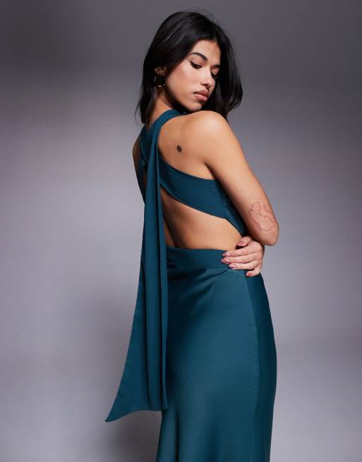 ASOS DESIGN – One-Shoulder-Midikleid aus Satin in Marineblau mit Schärpe am Hals, 2 von 4