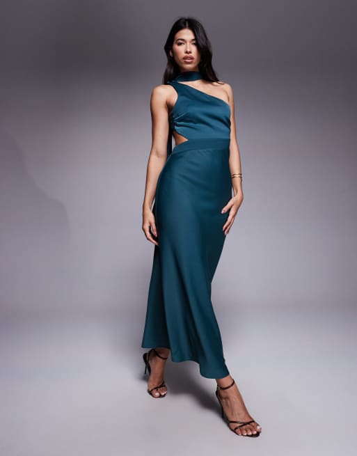 ASOS DESIGN – One-Shoulder-Midikleid aus Satin in Marineblau mit Schärpe am Hals, 3 von 4