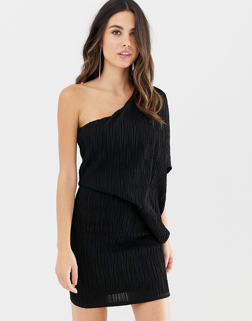 ASOS DESIGN one shoulder mini dress in glitter plisse-Black