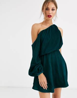 aqua velvet one shoulder gown