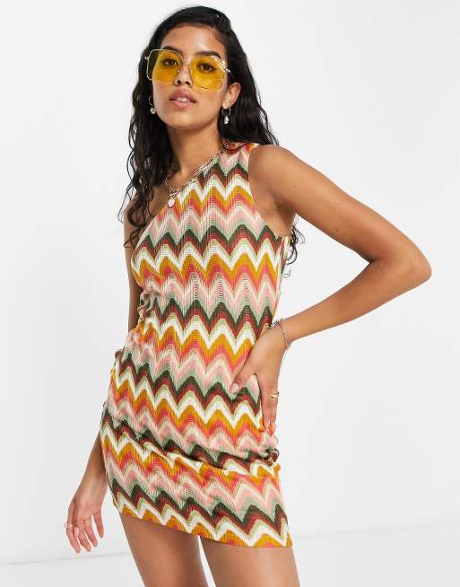 ASOS DESIGN one shoulder mini dress in zig zag multicolored crochet