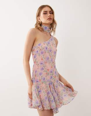 Asos Design One Shoulder Mini Dress With Scarf In Multi