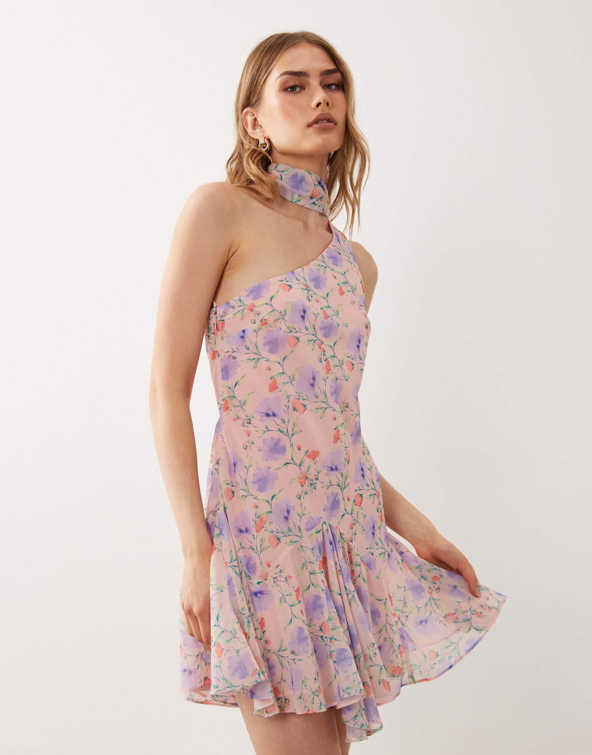 asos design one shoulder mini dress with scarf in multi floral print