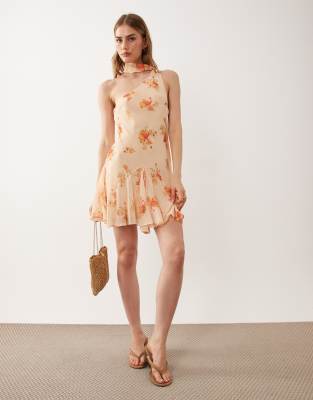 Asos Design One Shoulder Mini Dress With Scarf In Multi