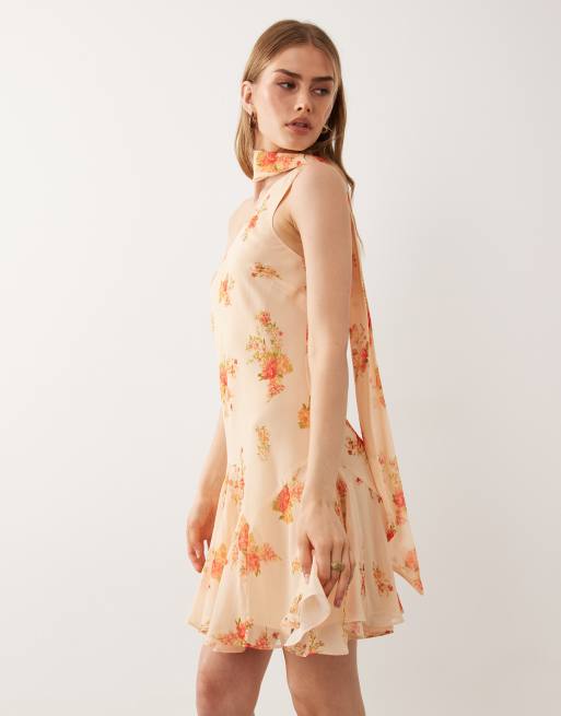 ASOS DESIGN one shoulder mini dress with scarf in orange floral print, 2 of 4