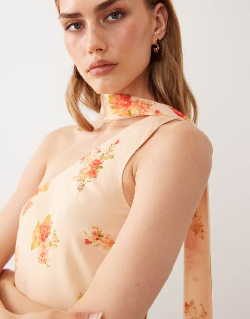 ASOS DESIGN one shoulder mini dress with scarf in orange floral print, 3 of 4