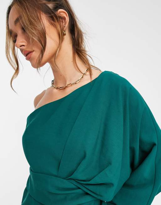 ASOS Design One Shoulder Mini Dress with Tie Detail in Green