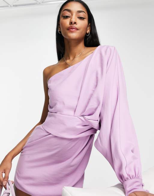 ASOS DESIGN one shoulder tie stretch satin midi dress in dusty lilac