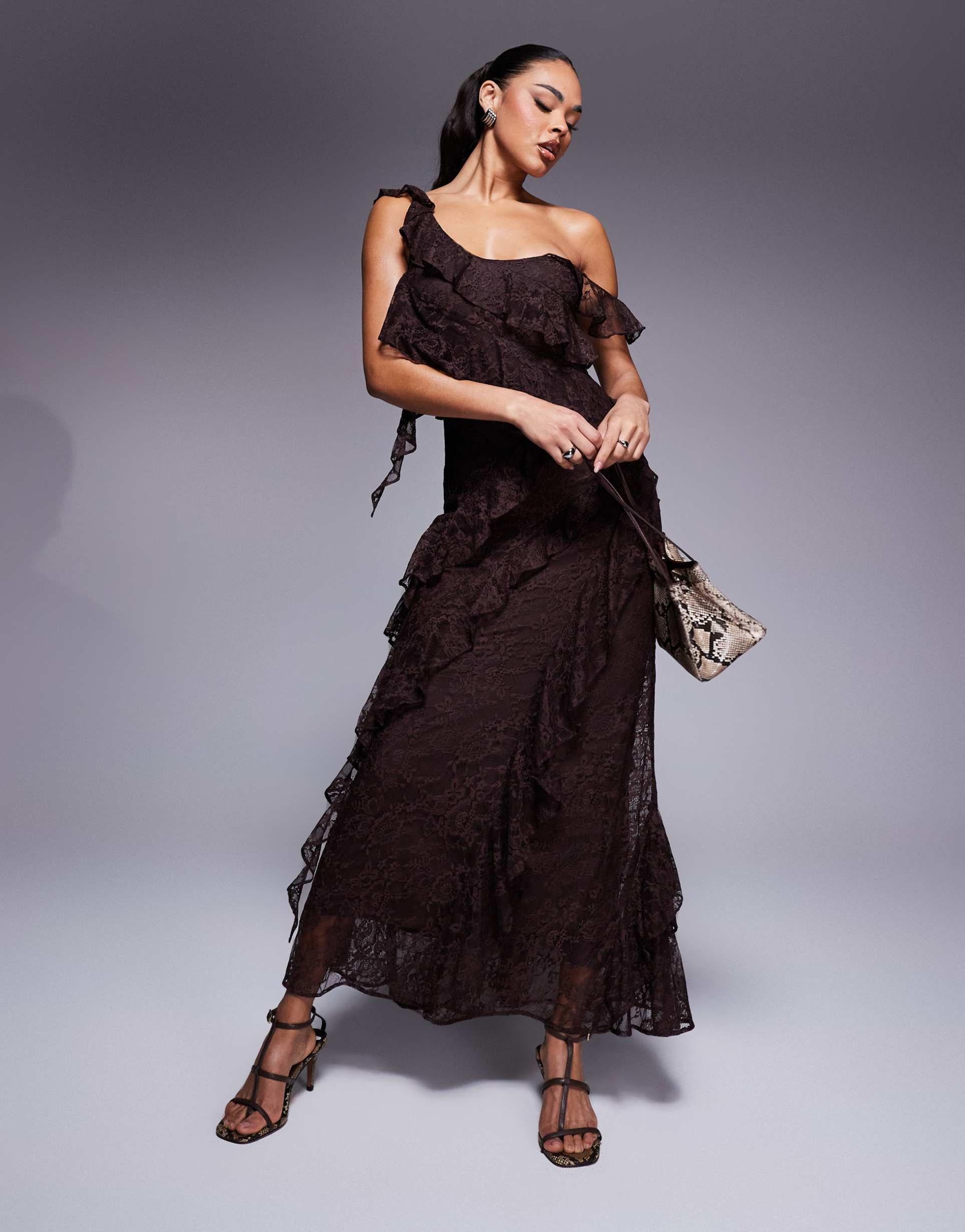 asos design one shoulder mixed lace ruffle midaxi dress in chocolate brown