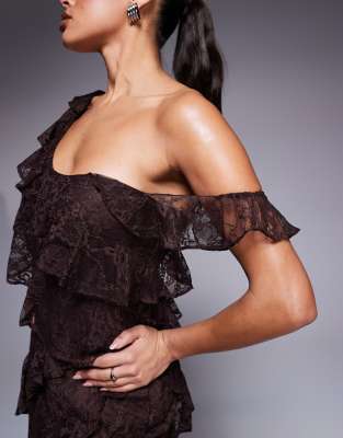 Asos Design One Shoulder Mixed Lace Ruffle Midaxi Dress